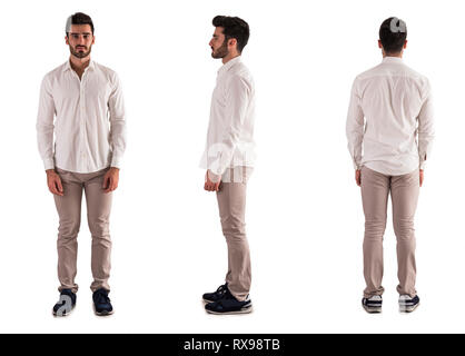 Drei Ansichten von Stattlichen bärtiger junger Mann: Hinten, Vorne und Profil geschossen, auf weißem Hintergrund Stockfoto