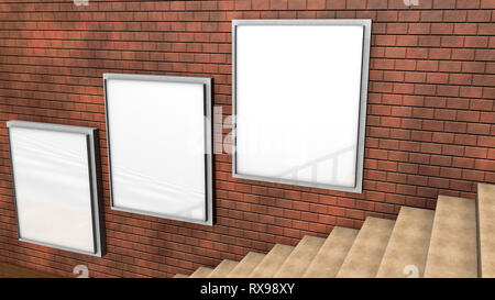 Drei Leere Plakate an der Wand Interieur mit Treppen 3D Rendering Illustration Stockfoto