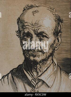 Büste eines Mannes mit Blick nach vorn. Jan Lievens; Niederländisch, 1607-1674. Datum: 1626-1674. Abmessungen: 175 x 133 mm (Bild/Seite, innerhalb der Platte mark getrimmt). Chiaroscuro Holzschnitt aus zwei Blöcken, in Schwarz und Hellbraun Tinte auf Creme Bütten. Herkunft: Holland. Museum: Das Chicago Art Institute. Stockfoto