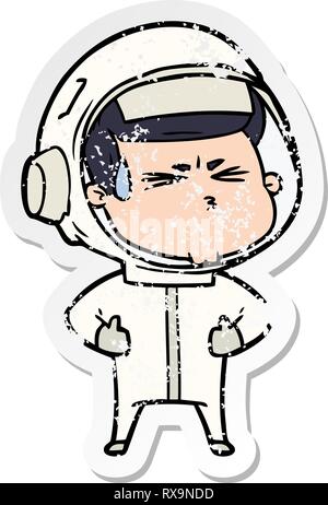 Distressed Aufkleber einer Cartoon betonte Astronaut Stock Vektor
