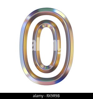 Chrome Schriftart mit bunten Reflexionen Nummer 0 NULL 3D-Render Abbildung auf weißem Hintergrund Stockfoto