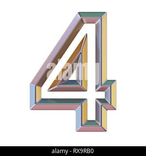 Chrome Schriftart mit bunten Reflexionen Nr. 4 vier 3D-Render Abbildung auf weißem Hintergrund Stockfoto