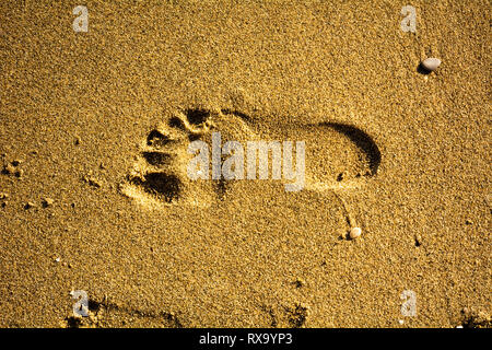 Fußabdruck im Sand am Strand - Textur Hintergrund der menschlichen Präsenz auf Sandstrand - Top Kopie Raum anzeigen Stockfoto