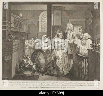 Platte 5, von einem Rake's Progress. William Hogarth; Englisch, 1697-1764. Datum: 1735. Abmessungen: 315 × 388 mm (Bild); 356 × 410 mm (Platte); 472 × 608 mm (Blatt). Ätzen und Gravieren in Schwarz auf Elfenbein Bütten. Herkunft: England. Museum: Das Chicago Art Institute. Autor: William Hogarth. ERNST LUDWIG RIEPENHAUSEN. Stockfoto