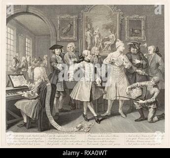 Platte zwei, von einem Rake's Progress. William Hogarth; Englisch, 1697-1764. Datum: 1735. Abmessungen: 312 × 388 mm (Bild); 352 × 410 mm (Platte); 493 × 605 mm (Blatt). Ätzen und Gravieren in Schwarz auf Elfenbein Bütten. Herkunft: England. Museum: Das Chicago Art Institute. Stockfoto