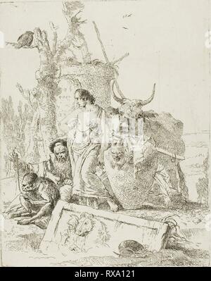 Junge Hirten und alten Mann mit einem Affen, von scherzi. Giambattista Tiepolo; Italienisch, 1696-1770. Datum: 1735-1740. Abmessungen: 225 x 176 mm (Platte); 392 x 268 mm (Blatt). Ätzen in Schwarz auf Papier gedruckt. Herkunft: Italien. Museum: Das Chicago Art Institute. Stockfoto