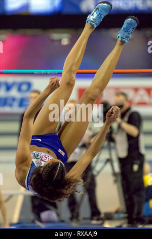Glasgow, Schottland, Großbritannien. 3. März, 2019. Großbritanniens Morgan See konkurriert im Hochsprung der Frauen, während Tag 3 der Glasgow 2019 Europäischen Stockfoto