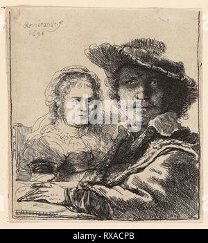 Selbstbildnis mit Saskia. Rembrandt van Rijn; Niederländisch, 1606-1669. Datum: 1636. Abmessungen: 104 x 92 mm (Bild); 106 x 96 mm (Blatt, innerhalb der Platte Mark). Radierung auf Elfenbein Bütten. Herkunft: Holland. Museum: Das Chicago Art Institute. Thema: Rembrandt HARMENSZOON VAN RIJN. HARMENSZOON VAN RIJN REMBRANDT. Rembrandt van Rhijn. Stockfoto