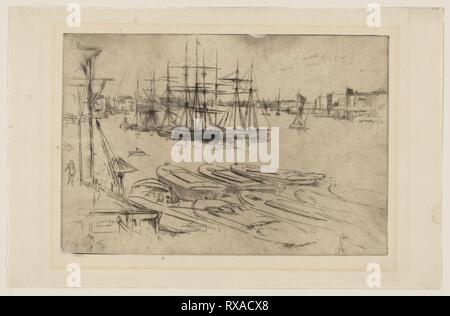 Wapping - der Pool. James McNeill Whistler; American, 1834-1903. Datum: 1878-1879. Abmessungen: 187 x 277 mm (Platte); 239 x 367 mm (Blatt). Ätzen und kaltnadelradierung in schwarzer Tinte auf Elfenbein Bütten. Herkunft: USA. Museum: Das Chicago Art Institute. Stockfoto