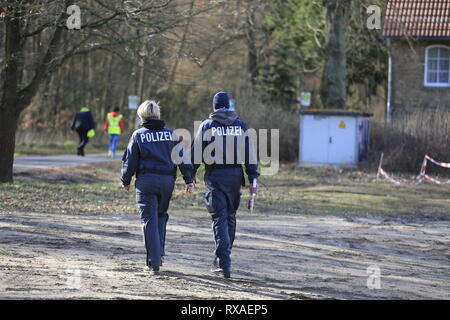 Kummersdorf Bei Storkow, Deutschland. 08 Mär, 2019. Brandenburg: Suche Betrieb der Bereitschaftspolizei mit Hunde und Hubschrauber im Wald nach dem fehlenden Rebecca aus Berlin. Die Waldfläche ist im Südosten von Berlin in der Nähe von Storkow. Die 15-jährige Studentin fehlt seit dem 18. Februar 2019. Quelle: Simone Kuhlmey/Pacific Press/Alamy leben Nachrichten Stockfoto