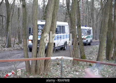 Kummersdorf Bei Storkow, Deutschland. 08 Mär, 2019. Brandenburg: Suche Betrieb der Bereitschaftspolizei mit Hunde und Hubschrauber im Wald nach dem fehlenden Rebecca aus Berlin. Die Waldfläche ist im Südosten von Berlin in der Nähe von Storkow. Die 15-jährige Studentin fehlt seit dem 18. Februar 2019. Quelle: Simone Kuhlmey/Pacific Press/Alamy leben Nachrichten Stockfoto