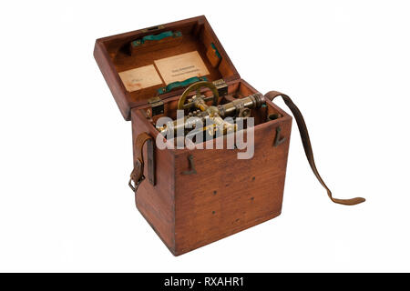 Vintage Brass Vermessung Ebene (Transit, Theodolit) mit Kompass und natürlichen Messing antik patiniert, mit seinem Holz Aufbewahrungsbox isoliert auf einem weißen backgrou Stockfoto