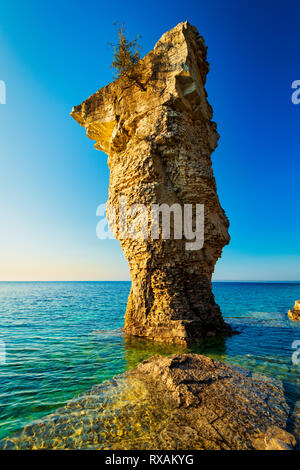 Große "Blumentopf" (Meer stack) im Morgenlicht auf Blumentopf Insel, Fathom Five National Marine Park, Ontario, Kanada Stockfoto