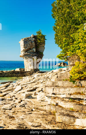 Kleine "Blumentopf" (Meer stack) im Morgenlicht, Blumentopf Insel, Fathom Five National Marine Park, Ontario, Kanada Stockfoto