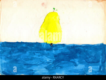 Große gelbe Birne auf der blauen Tabelle, weisser Hintergrund. Kind Zeichnung, Aquarell Stockfoto