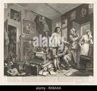 Plate One, von einem Rake's Progress. William Hogarth; Englisch, 1697-1764. Datum: 1735. Abmessungen: 319 × 387 mm (Bild); 360 × 410 mm (Platte); 490 × 601 mm (Blatt). Ätzen und Gravieren in Schwarz auf Elfenbein Bütten. Herkunft: England. Museum: Das Chicago Art Institute. Stockfoto