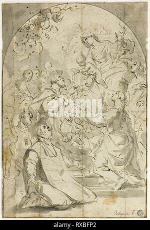 Vision des hl. Dominikus. Zurückzuführen auf Luca Giordano (Italien, 1632-1705); möglicherweise Gaspare Diziani (Italienisch, 1689-1767). Datum: 1652-1705. Abmessungen: 348 x 234 mm. Stift- und braun-Tinte mit Pinsel in Grau waschen, mit Spuren von Schwarze Kreide, in schwarzer Kreide squared auf Elfenbein Bütten, festgelegt auf Elfenbein Papier gelegt. Herkunft: Italien. Museum: Das Chicago Art Institute. Stockfoto