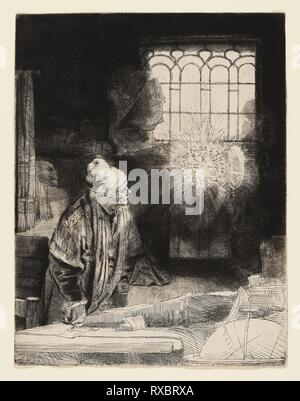 Ein Gelehrter in seiner Studie (Faust). Rembrandt van Rijn; Niederländisch, 1606-1669. Datum: 1647-1657. Abmessungen: 210 x 161 mm (Bild/Platte). Ätzung, kaltnadel und Gravur auf weißem Bütten. Herkunft: Holland. Museum: Das Chicago Art Institute. Thema: Rembrandt HARMENSZOON VAN RIJN. HARMENSZOON VAN RIJN REMBRANDT. Rembrandt van Rhijn. MEPHISTOPHELES. Stockfoto