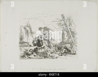 Eine Frau mit ihren Armen in Ketten und vier andere Figuren, von capricci. Giambattista Tiepolo; Italienisch, 1696-1770. Datum: 1740-1750. Abmessungen: 137 x 175 mm. Radierung auf Papier. Herkunft: Italien. Museum: Das Chicago Art Institute. Stockfoto