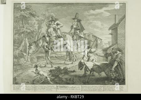 Hudibras einen Ausfall her, Platte zwei aus hudibras. William Hogarth; Englisch, 1697-1764. Datum: 1725-1726. Abmessungen: 246 × 336 mm (Bild); 270 × 345 mm (Platte); 273 × 348 mm (Primary Support); 365 × 459 mm (sekundäre) unterstützen. Ätzen und Gravieren in Schwarz auf Creme Papierkante auf Creme webte Papier montiert. Herkunft: England. Museum: Das Chicago Art Institute. Stockfoto