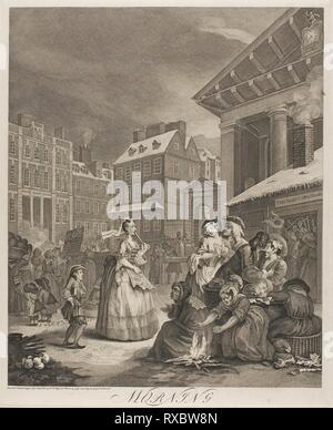 Morgen, Platte aus der vier Mal am Tag. William Hogarth; Englisch, 1697-1764. Datum: 1738. Abmessungen: 455 × 376 mm (Bild); 488 × 395 mm (Platte); 660 × 495 mm (Blatt). Ätzen und Gravieren in Schwarz auf Elfenbein Bütten. Herkunft: England. Museum: Das Chicago Art Institute. Stockfoto