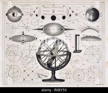 1849 Bilder Astronomie Drucken mit einer Armillarsphäre oder Antiken Modell des Sonnensystems und den Einfluss von Sonne, Mond und Erde auf Finsternisse und physischen Diagramme über Rotationen und Umlaufbahnen Stockfoto