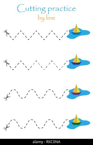 Bunte Papier Boot in einer Pfütze im Comic-stil, Bildung cut Spiel für die Entwicklung der Kinder im Vorschulalter, verwenden Sie eine Schere, schneiden der Praxis durch Stock Vektor
