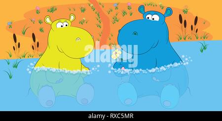 Zwei Nilpferde in einem Teich cartoon Vector Illustration Stock Vektor