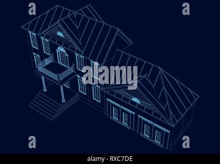 Drahtmodell der Haus der blauen Linien auf einem dunklen Hintergrund. 3D-Vektor illustration Stock Vektor