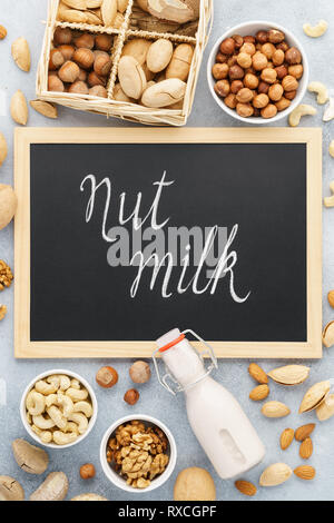 Mutter Milch und Zutaten. Milch Alternativen. Tafel Schriftzug. Mandel, Walnuss, Haselnuss, Pecan und Brasilien Mutter Stockfoto