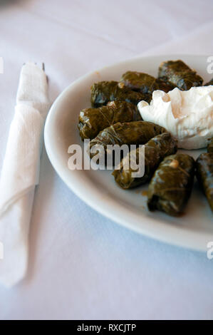 Ein Teller Dolmades, gefüllte Traubenblätter, serviert mit Joghurt auf der griechischen Insel Kreta. Stockfoto