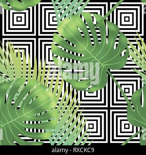 Schönen tropischen abstrakte Farbe und grüne Palmenblättern nahtlose Vektor Muster auf dem Hintergrund der geometrischen diagonale schwarze und weiße Linien Stock Vektor
