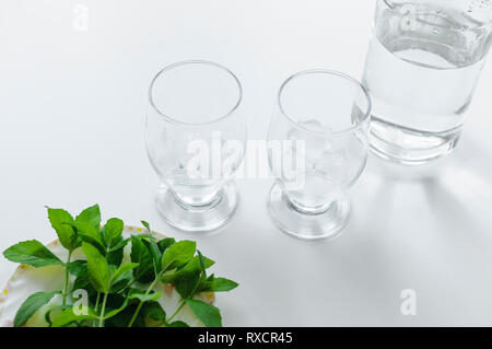 Zwei Gläser mit Eiswürfeln, eine Flasche Wasser und frisches Grün mint auf einer Platte. Stockfoto