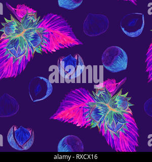 Haselnuss Zweig mit Muttern und mit geöffneten Shell, nahtlose Muster, handbemalte watercolor Illustration, Dark neon blau hintergrund Stockfoto