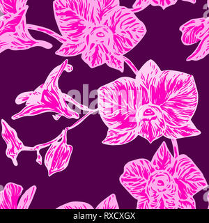Orchidee Blumen, Hand gezeichnet Doodle, Skizze im Pop Art Stil, nahtlose Muster auf lila Hintergrund Stockfoto