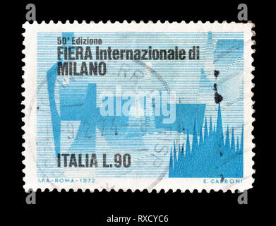 Storniert Briefmarke von Italien gedruckt, das fördert die Internationale Messe in Mailand. Stockfoto