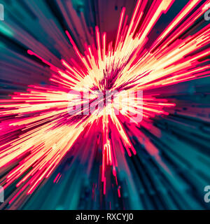 Feurige Explosion oder blast Konzept mit rechteckigen dunklen roten Stangen auf eine helle Flamme Grün strahlenden Hintergrund im quadratischen Format. Licht fließen Ener Stockfoto