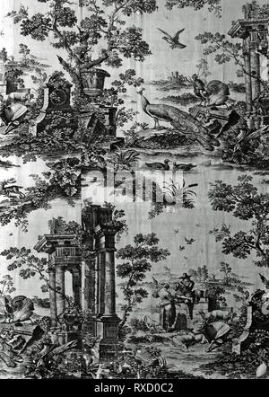 Panel (Dekorationsstoff). Nach Radierungen von Nicolaes Berchem (Niederländisch, 1620-1683) nach einem Stich von Josephus Sympson (Englisch, 1710-1750) nach einem Gemälde von Marmaduke Craduck (Englisch, 1660-1717) nach einer Zeichnung von Franz Barlow (Englisch, 1626-1702); von Robert Jones und Unternehmen; England, alten Ford, Middlesex hergestellt. Datum: 1761. Abmessungen: 210,9 x 133,9 cm (83 1/8 x 52 3/4 in.) Warp wiederholen: 204.1 cm (80 3/8 in.). Leinen und Baumwolle, in Leinwandbindung; Kupferstich gedruckt. Herkunft: Middlesex. Museum: Das Chicago Art Institute. Stockfoto