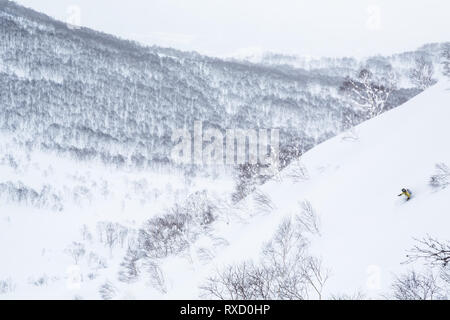 Man Skifahren unberührter Pulver Hang im Backcountry unter Niseko Mountain in Hokkaido, Japan. Extreme Skifahren, Wandern, Pulver, Ski Japan Stockfoto