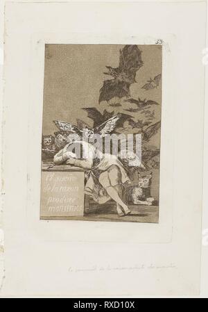 Der Schlaf der Vernunft gebiert Ungeheuer, Platte 43 aus Los Caprichos. Francisco José de Goya y Lucientes; Spanisch, 1746-1828. Datum: 1797-1799. Abmessungen: 181 x 122 mm (Bild); 214 x 151 mm (Platte); 301 x 207 mm (Blatt). Radierung und Aquatinta auf Elfenbein Bütten. Herkunft: Spanien. Museum: Das Chicago Art Institute. Stockfoto