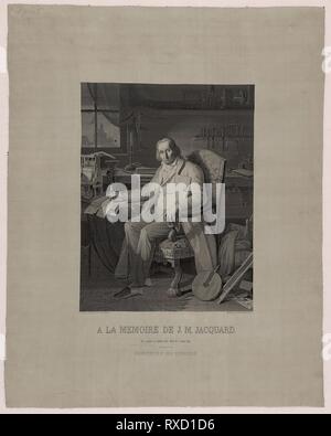 Porträt von Joseph Marie Jacquard (1752-1834). Nach einer Malerei und Gravur von Jean-Claude Bonnefond (Französisch, 1796-1860); Gewebe durch Carquillat (Französisch, 1803-1884); produziert von Didier Petit et Cie; Frankreich, Lyon. Datum: 1839. Abmessungen: 75 x 59,7 cm (29 1/2 x 23 3/8 in.). Seide, in Leinwandbindung mit einfachen interlacings von sekundären Bindung warps, patterning Tressen und Selbst - Musterung Boden Schüsse; am Webstuhl mit Jacquard Anlage gesponnen. Herkunft: Lyon. Museum: Das Chicago Art Institute. Stockfoto