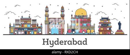 Umrisse Hyderabad Indien Skyline der Stadt mit Farbe Gebäude isoliert auf Weiss. Vector Illustration. Hyderabad Stadtbild mit Sehenswürdigkeiten. Stock Vektor