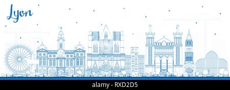 Umrisse Lyon Frankreich Skyline der Stadt mit blauen Gebäude. Vector Illustration. Business Travel und Konzept mit historischer Architektur. Lyon Stadtbild. Stock Vektor