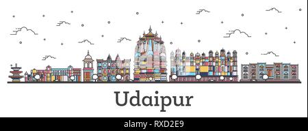 Umrisse Udaipur Indien Skyline der Stadt mit Farbe Gebäude isoliert auf Weiss. Vector Illustration. Udaipur Stadtbild mit Sehenswürdigkeiten. Stock Vektor