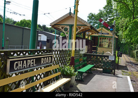 Chapel Road Station auf der Schmalspurbahn an der East Anglia Transport Museum, Carlton Colville, Lowestoft, Suffolk, Großbritannien Stockfoto