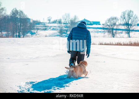 Ein Mann mit Hund in tiefem Schnee auf einem schneebedeckten Feld. Ansicht von hinten Stockfoto