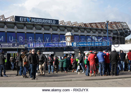 Edinburgh, Schottland, Großbritannien. . 9. März 2019. Schottland v Wales Rugby Six Nations International pre Match an der Außenseite Murrayfield Stadium. Quelle: Craig Brown/Alamy leben Nachrichten Stockfoto