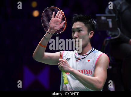 Arena Birmingham, Birmingham, UK. 9 Mär, 2019. Yonex All England Open Badminton Championships, Tag 4; Mens Singles match, Kento MOMOTA von Japan versus NG Ka lange Angus von Hong Kong, Kento MOMOTA von Japan feiert sein Match Kredit gewinnen: Aktion plus Sport/Alamy leben Nachrichten Stockfoto