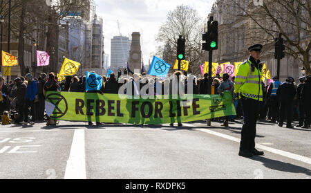 London, Großbritannien. 9 Mär, 2019. Aussterben Rebellion Rallye eine Demonstration in der Downing Street. Demonstranten halten das Banner "Rebel für das Leben'. Credit: AndKa/Alamy leben Nachrichten Stockfoto