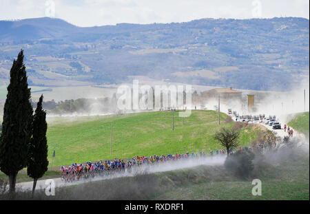 Siena, Italien. 09 Mär, 2019. Foto LaPresse - Fabio Ferrari 09 Marzo 2019 Siena (Italia) Sport Ciclismo Strade Bianche 2019 - Gara uomini - da Siena ein Siena - 184 km (114,3 Miglia) Nella Foto: durante la Gara. Foto LaPresse - Fabio Ferrari, 09. März 2019 Siena (Italien) Sport Radfahren Strade Bianche 2018 - Männer rennen - von Siena Siena - 184 km (114,3 km) In den pic: Während des Rennens. Stockfoto